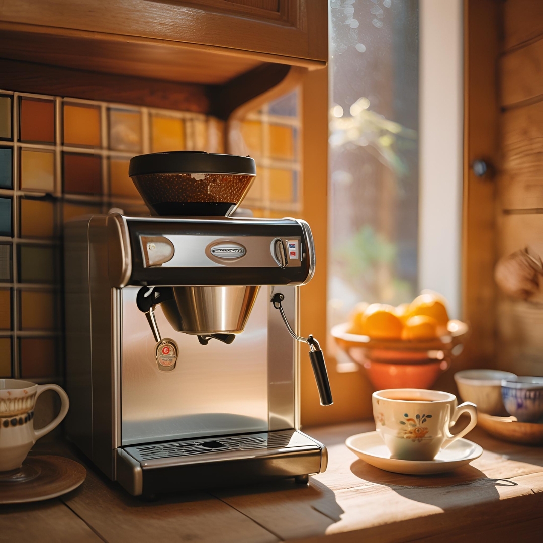 Een kopje koffie staat te pruttelen met een koffiefiltermachine ernaast.