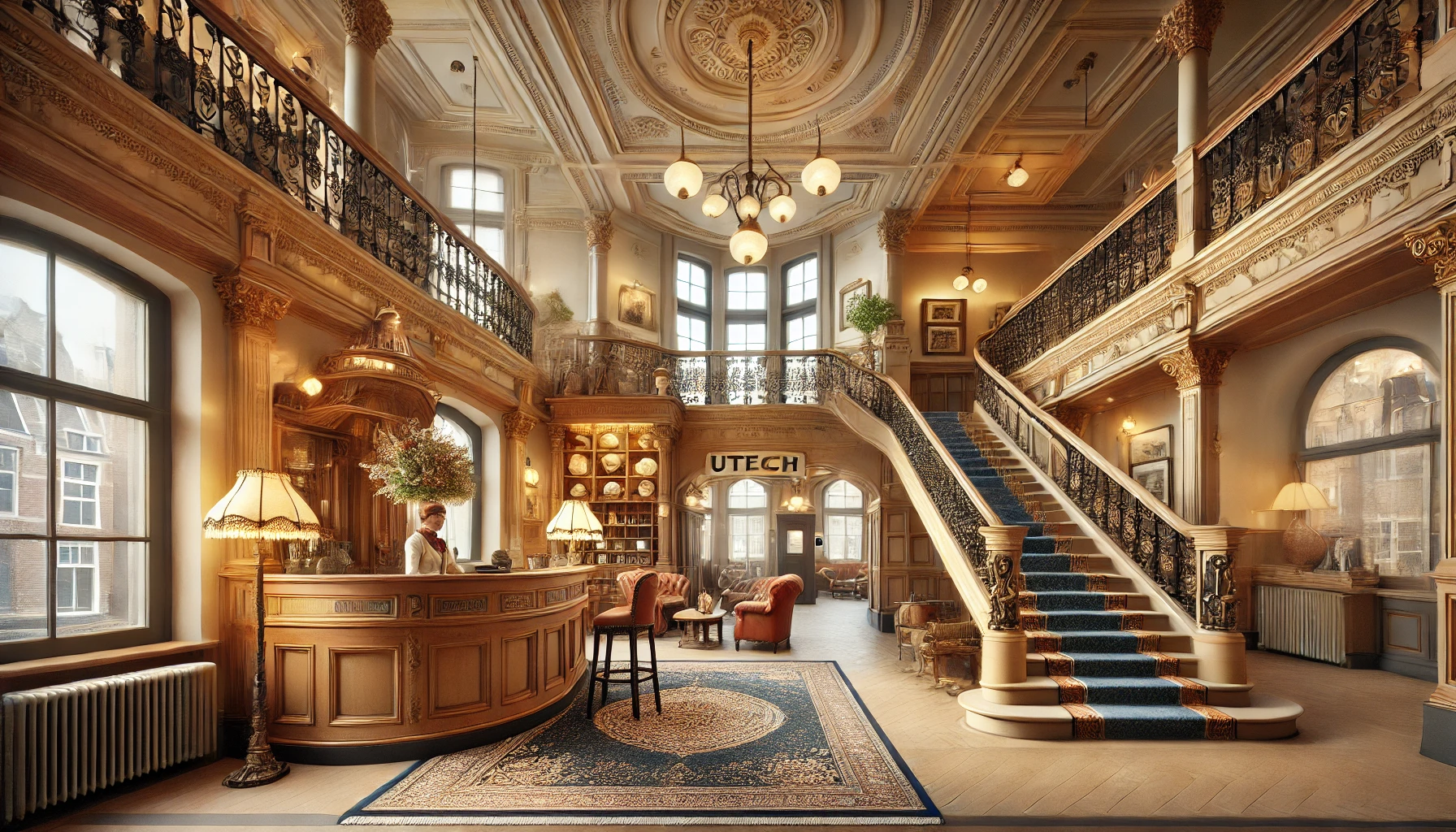 Een verwelkomende hotel lobby in Utrecht met een receptie en een grote trap, waar een patiënt vanaf rolt. De verrassende gevaren van Google.