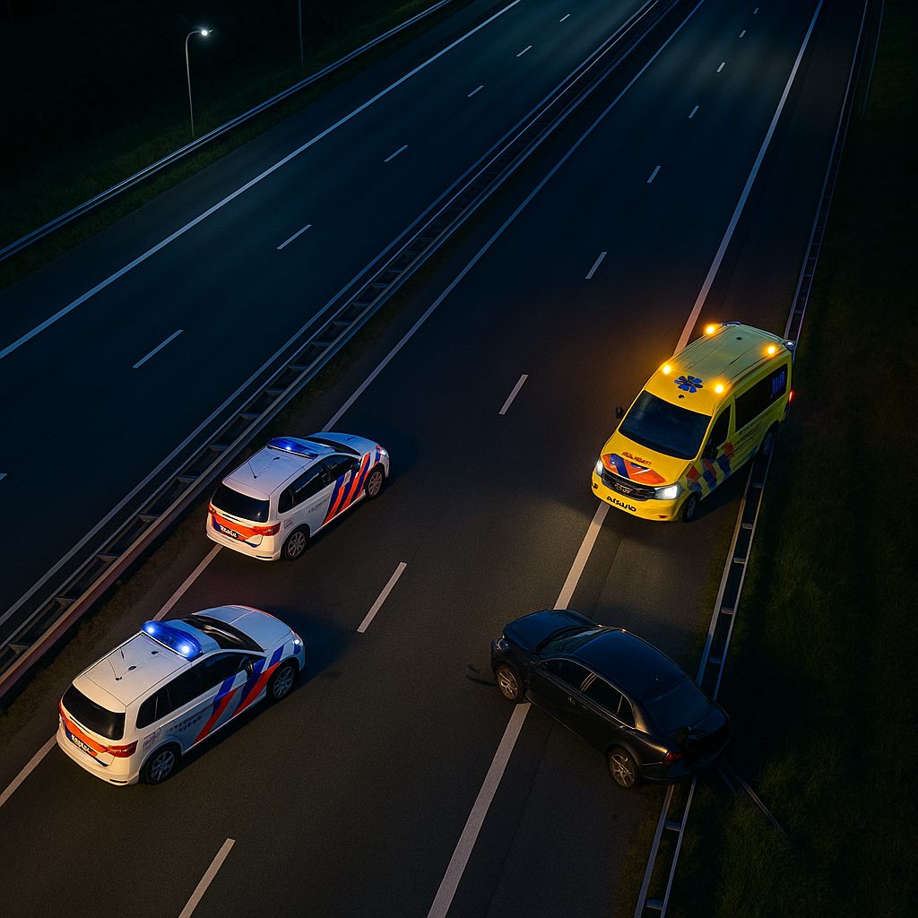 Een spookrijder is door de politie vastgereden tegen de vangrail. Een lege snelweg is te zien met daarbij de auto, een ambulance en twee politieauto's.